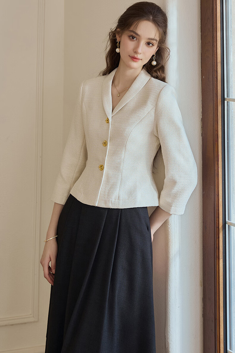 ROEYSHOUSE French Style Light Mature Tweed Short Jacket Women Spring Waist Slim Top 09445 Off-White S 2