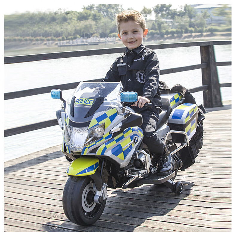 CHILOKBO BMW Children's Electric Motorcycle, Two-Wheel Extra-Large Rideable, Double-Person Kids' Toy Police Car, Birthday Gift, Soft Wheels 12