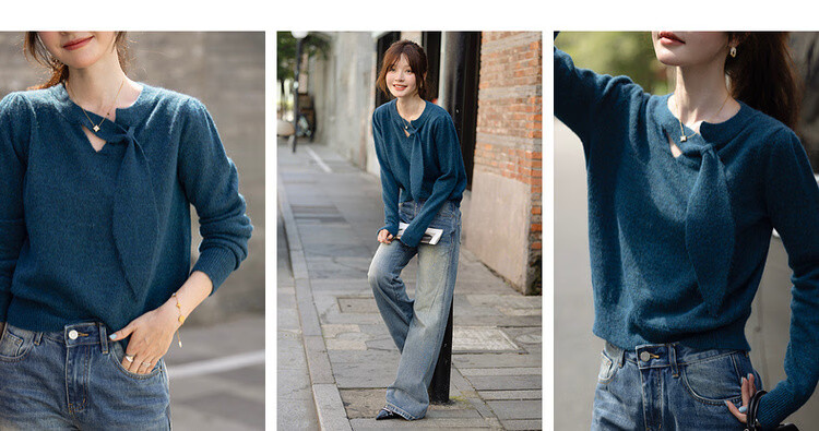 MT Sea Breeze Poetry Winter Elegant Ribbon Round Neck Comfortable Lazy Petite Knit Sweater for Women 6