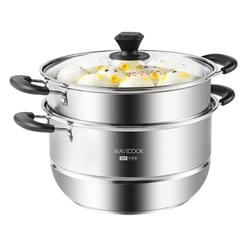MAXCOOK 304 Stainless Steel Steamer Pot, 28CM Double-Layer Base, Compatible with Gas And Induction Stoves