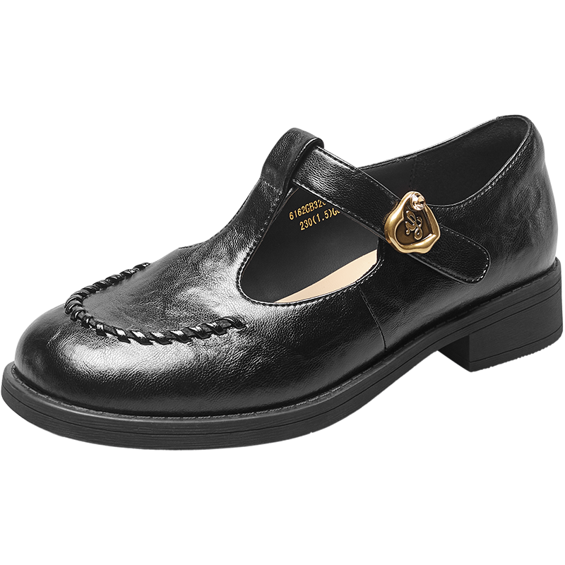 Eierkang Women's Loafers Retro Commuter T-Strap Leather Mary Jane Shoes 32005W Black Size 37