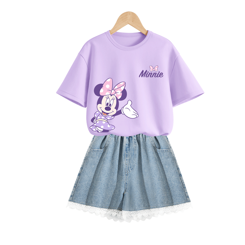 Disney Kids Short Sleeve Set 2026 Summer New Stylish Korean Version Girls Denim Shorts Trendy Girls Summer Outfit