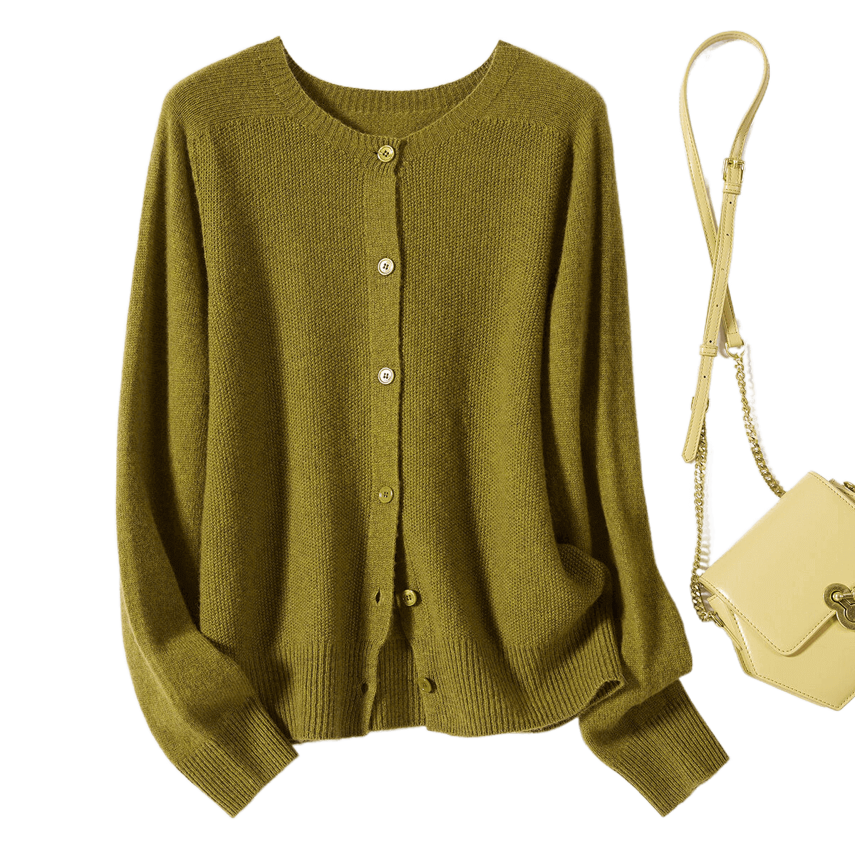Jinju 100% Merino Wool Seamless Knit Cardigan, Autumn And Winter Classic Versatile Sweater Coat, Pure Wool Sweater for Women, Yellow-Green, Size L