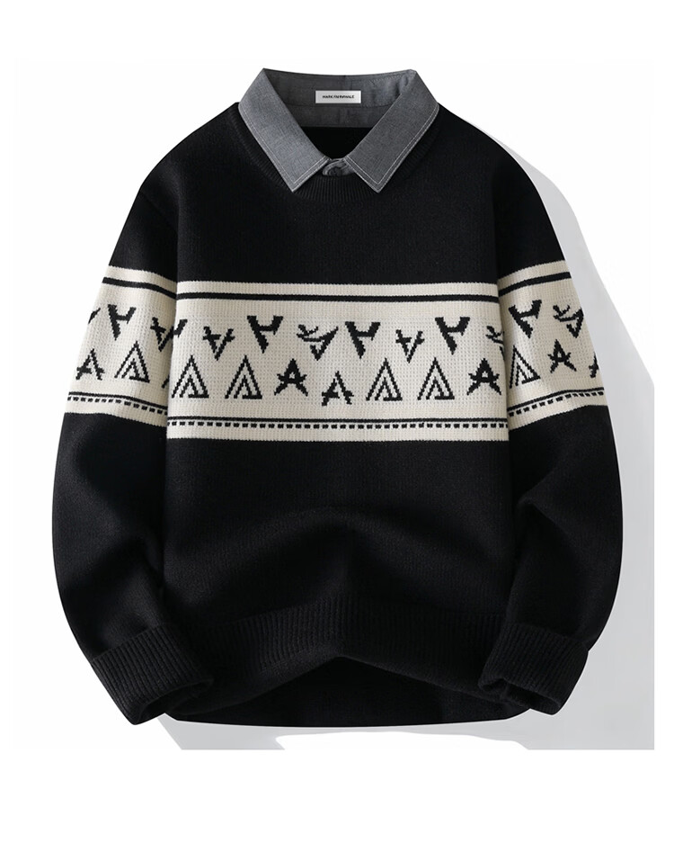 MARK FAIRWHALE Men's Autumn Winter Shirt Collar Knitwear Warm Fake Two-Piece Sweater Light Gray M 1