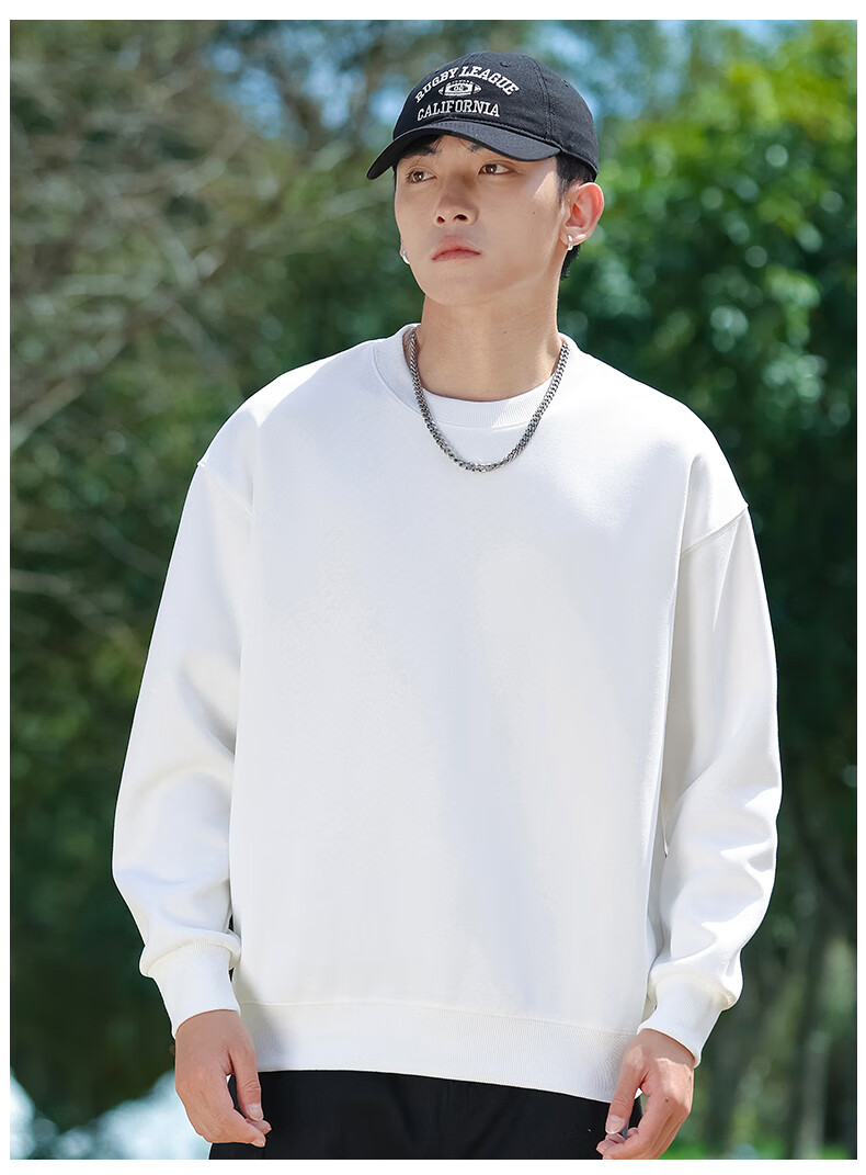EASTERN CAMEL Men's Autumn Winter Crew Neck Solid Heavyweight Drop Shoulder Long Sleeve Outdoor Pullover Sweatshirt White XL 9