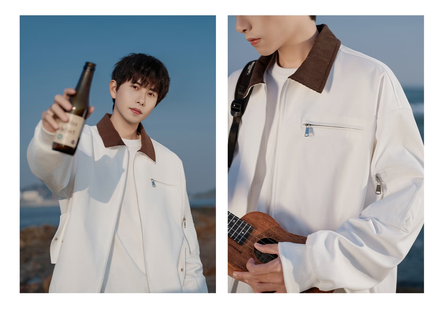 Foss Phil Vintage Lapel Jacket Men Spring Autumn New Trendy Loose Casual Workwear Coat DQC8533 Apricot White XL 12