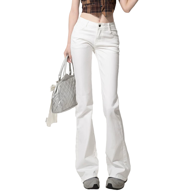 :CHOCOOLATE Women's Summer High-Waist Slim Fit Petite Flared Jeans White Extended Length L
