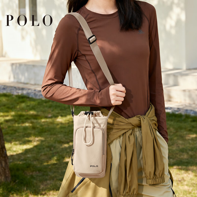 POLO Women's Drawstring Shoulder Bag Large Capacity Phone Bag Sports Crossbody Bag with Water Bottle Holder Wide Opening Sling Bag