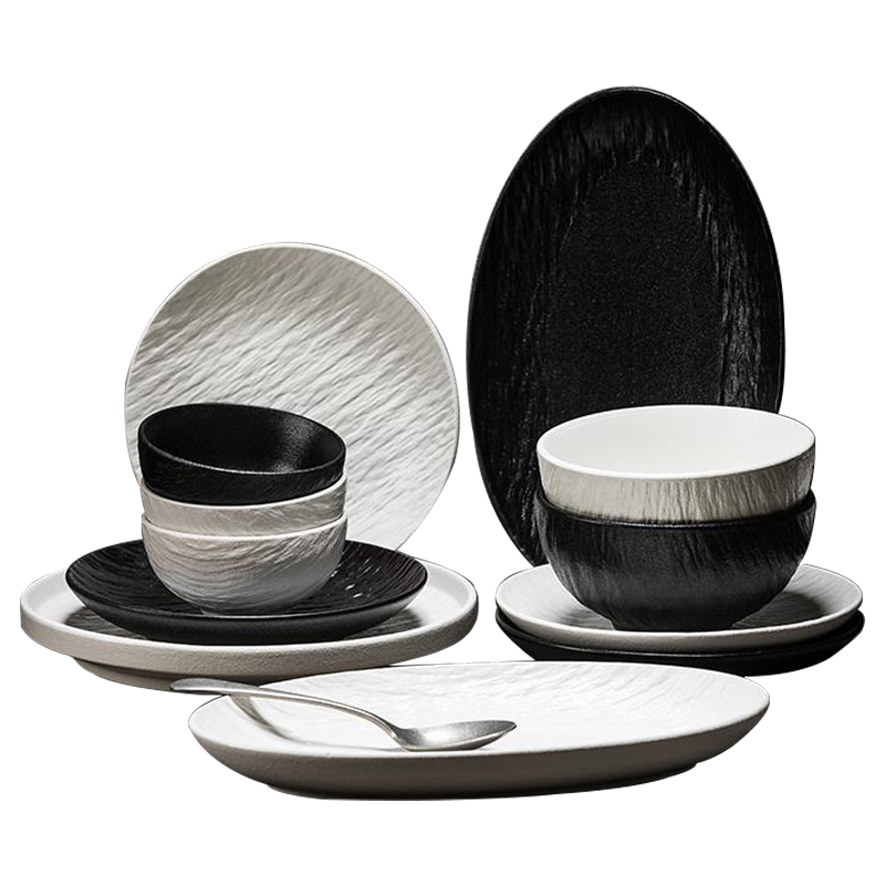 Hechuanwu Bowl And Plate Tableware Set, 2026 New Style Rock Pattern Black And White Mixed Dining Set, Housewarming Gift Box, 18 Pieces