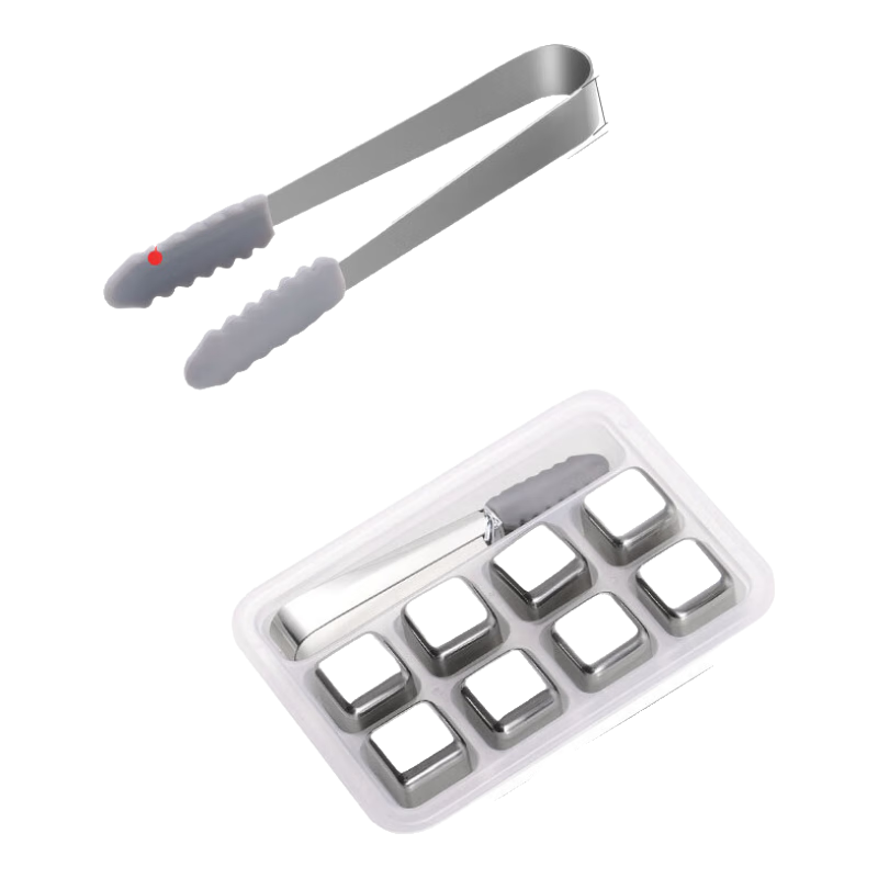 BJ 304 Stainless Steel Ice Cube Tray, Square Ice Mold, Quick-Cool Metal Ice Cubes, 8-Piece Set with Ice Tongs And PP Box
