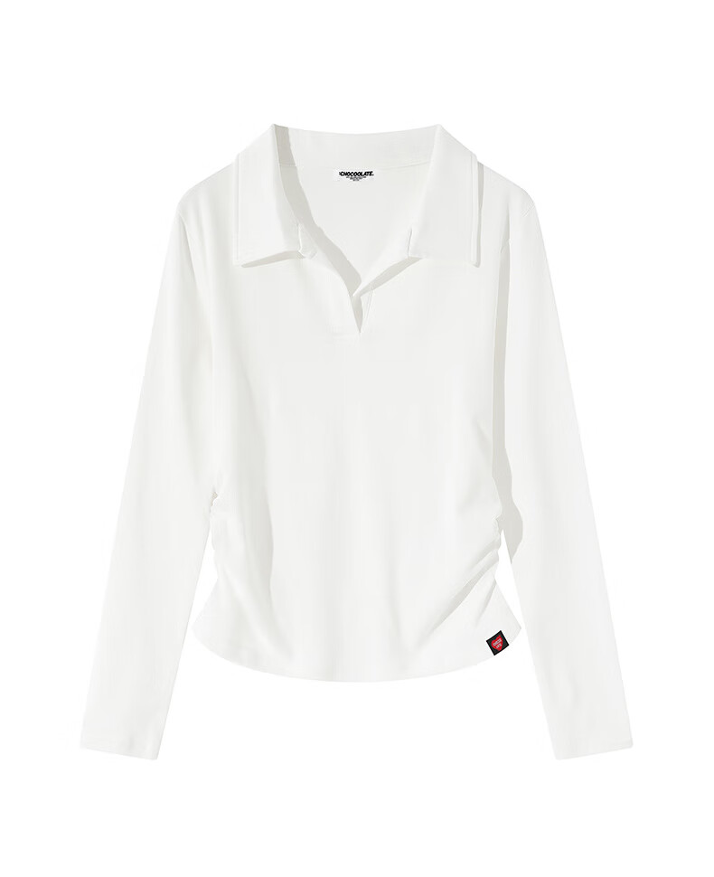 :CHOCOOLATE IT Lapel Shoulder Long Sleeve T-Shirt Women Short Pleated Waist Summer New Base Shirt Top White L 19