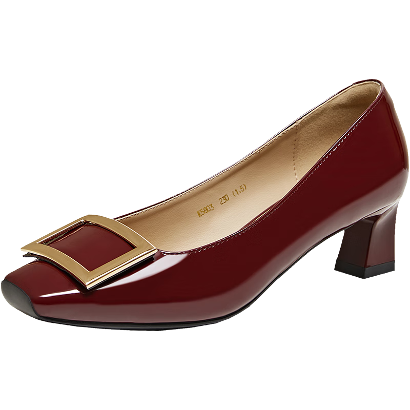 BASTO 26 Spring Simple Metal Buckle Commuter Block Heel Square Toe Women's Flats K5803AQ6 Wine Red 37