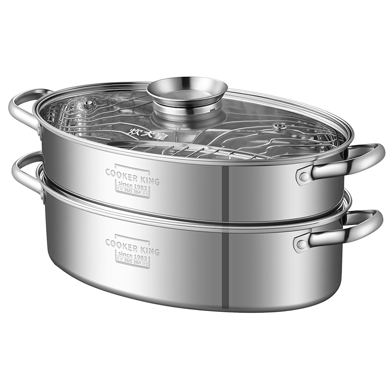 Chuida Huang Double-Layer Fish Steamer 304 Stainless Steel Large Capacity Oval Steaming Pot Household Steamer Basket