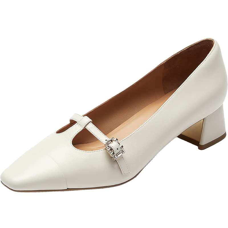 Laird Spring 2026 New Elegant Lambskin Chunky Heel Mary Jane Shoes for Women 7M41013 Bean White OWK38