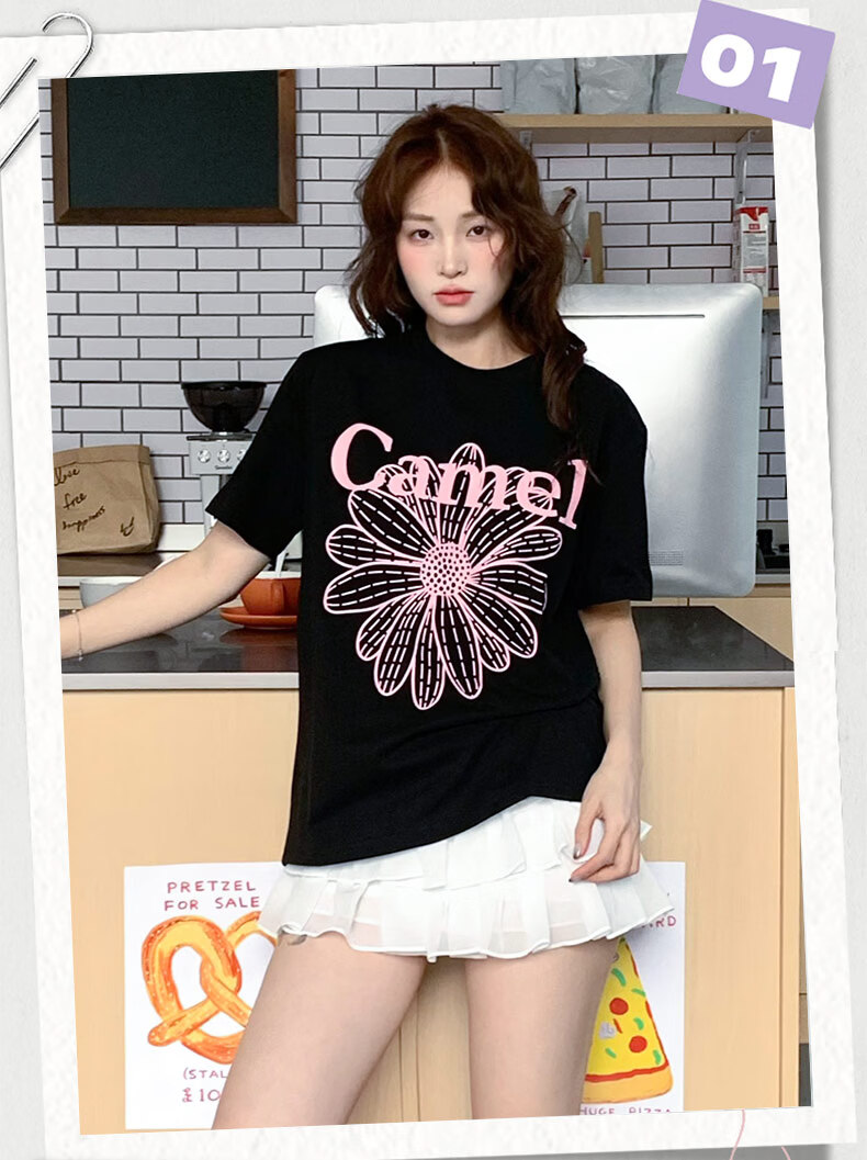 CAMEL Ice Skin T-Shirt Little Daisy Short Sleeve Cotton Loose Casual Top C36BAXLN023A Warm White XL 7