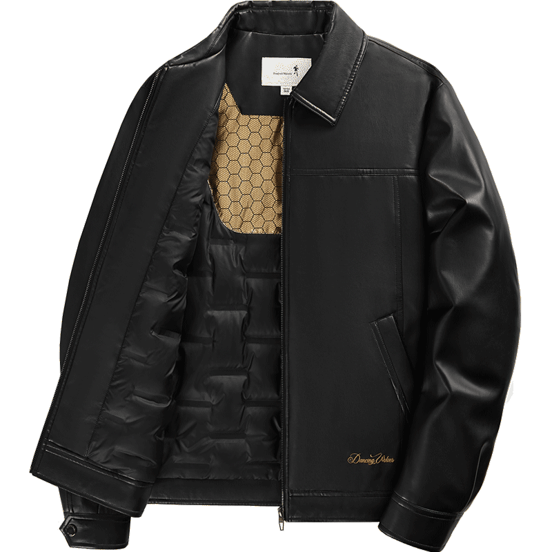 DANCING WOLVES Graphene Heated Thickened PU Leather Jacket with Down Liner and Lapel Collar for Men, Black 001, Size L