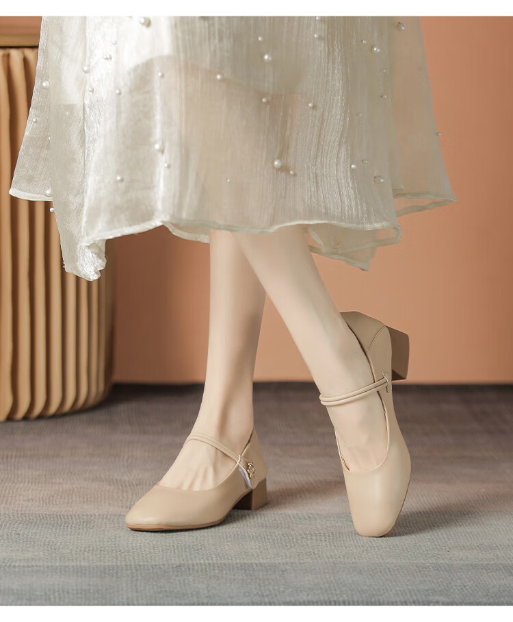ZHR Women's Single Shoes Elegant One-Strap Mary Jane Shoes with Chunky Heel Fashionable Women's Shoes AH506 Apricot Color Size 36 20