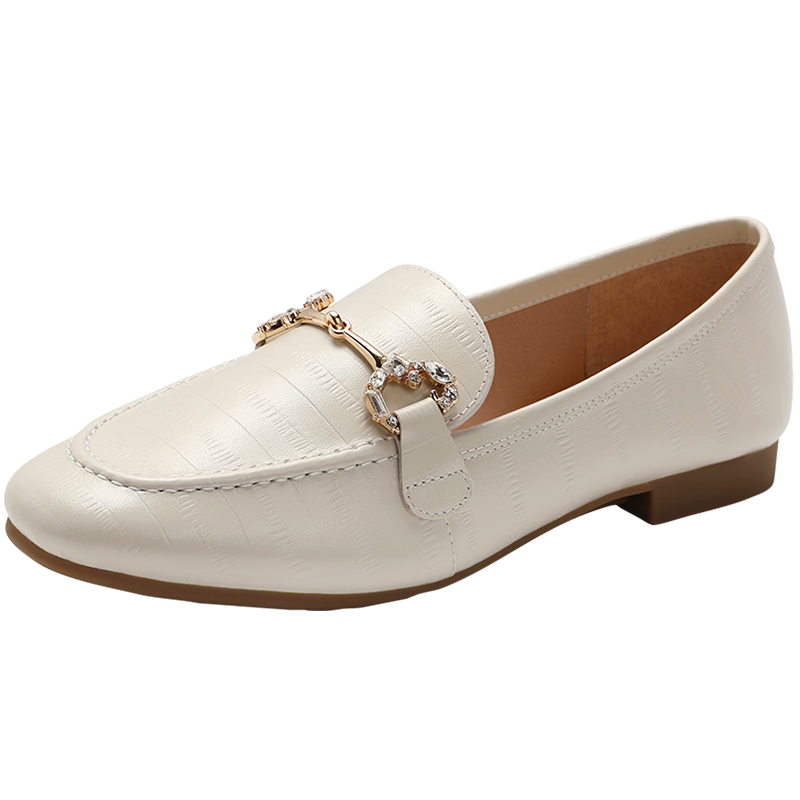 Belle Sheepskin British Style Loafers, Flat Heel Peas Shoes for Women, Spring And Summer Small Leather Shoes, Retro Flats A7H1D, Beige, Size 35