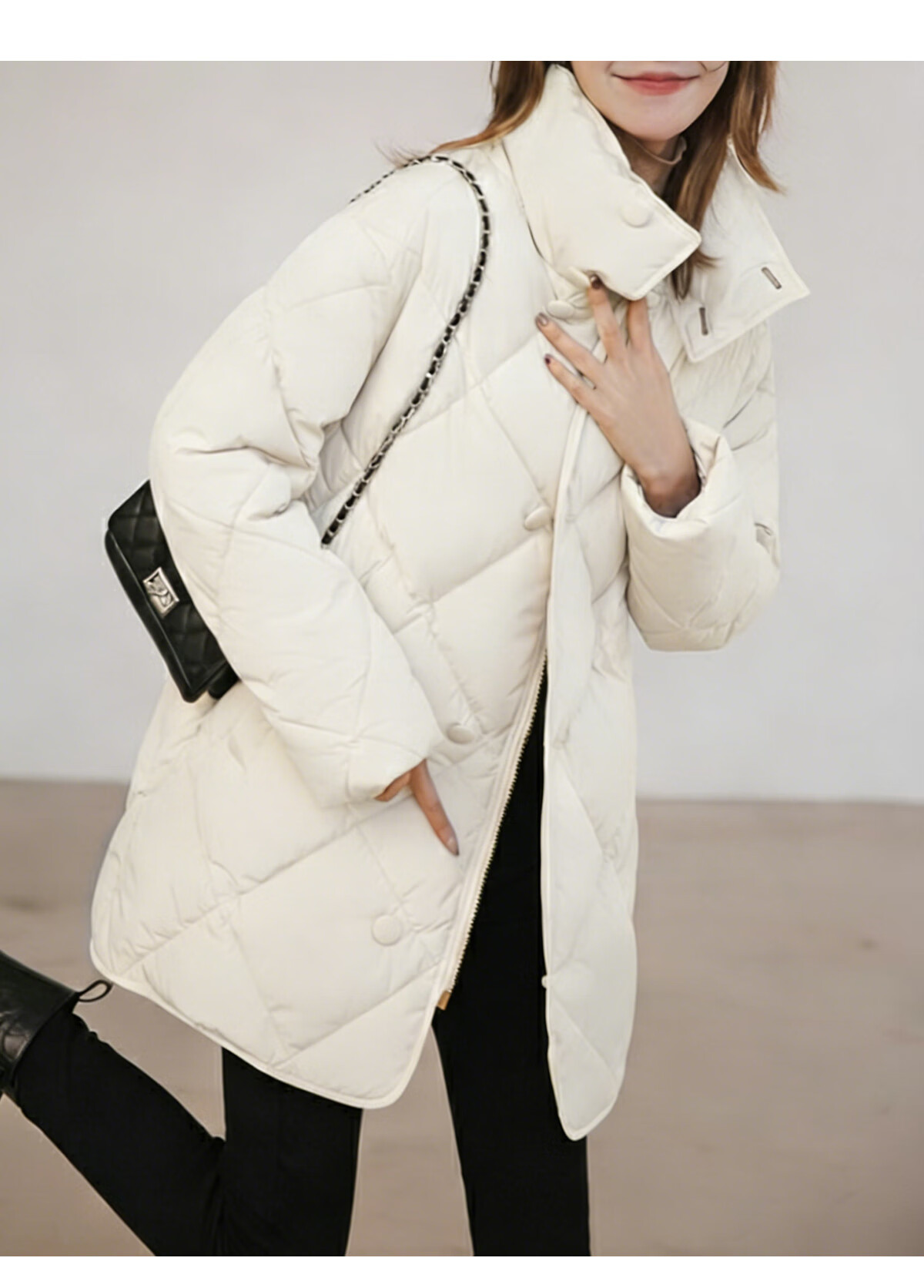 PinCai Women's Quilted Mid-Length Stand Collar Cotton Jacket Winter Windproof Over-the-Knee Coat P144M1010 8