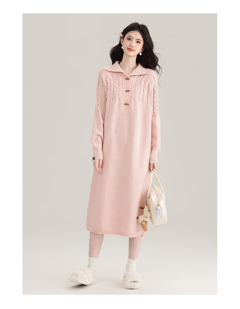 :CHOCOOLATE Women's Red Cable Knit Pullover Dress with Turn-Down Collar, Warm Sweater Dress for Spring and Autumn, Size M 8
