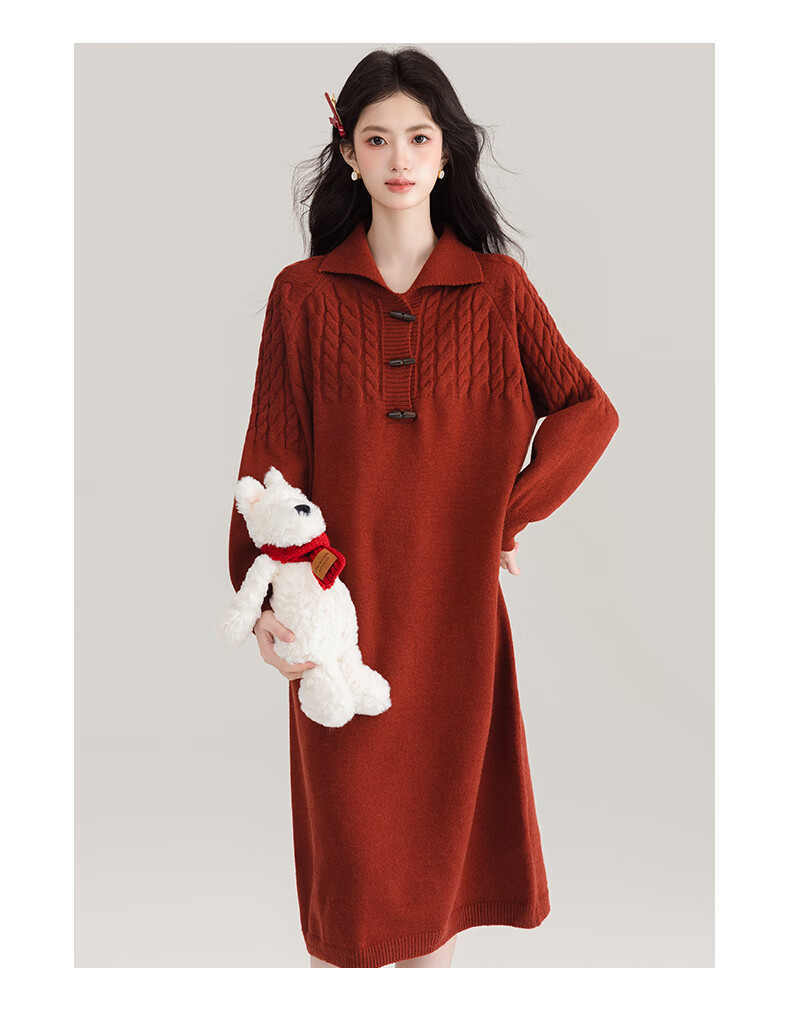 :CHOCOOLATE Women's Red Cable Knit Pullover Dress with Turn-Down Collar, Warm Sweater Dress for Spring and Autumn, Size M 11