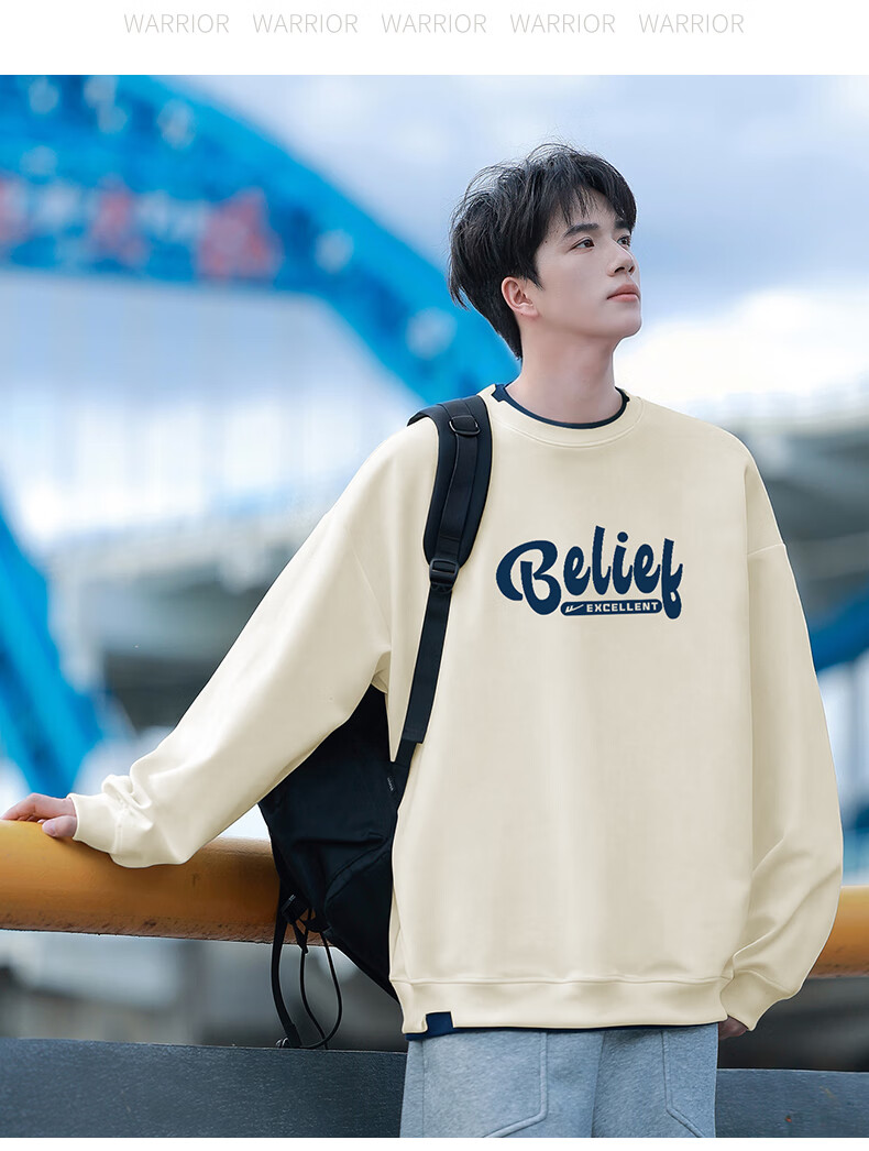 Huili Men's Sweatshirt, Autumn Letter Print Long-Sleeve T-Shirt, Loose-Fitting Undershirt, Casual Trendy Top for Men, Apricot Color, Size M 14
