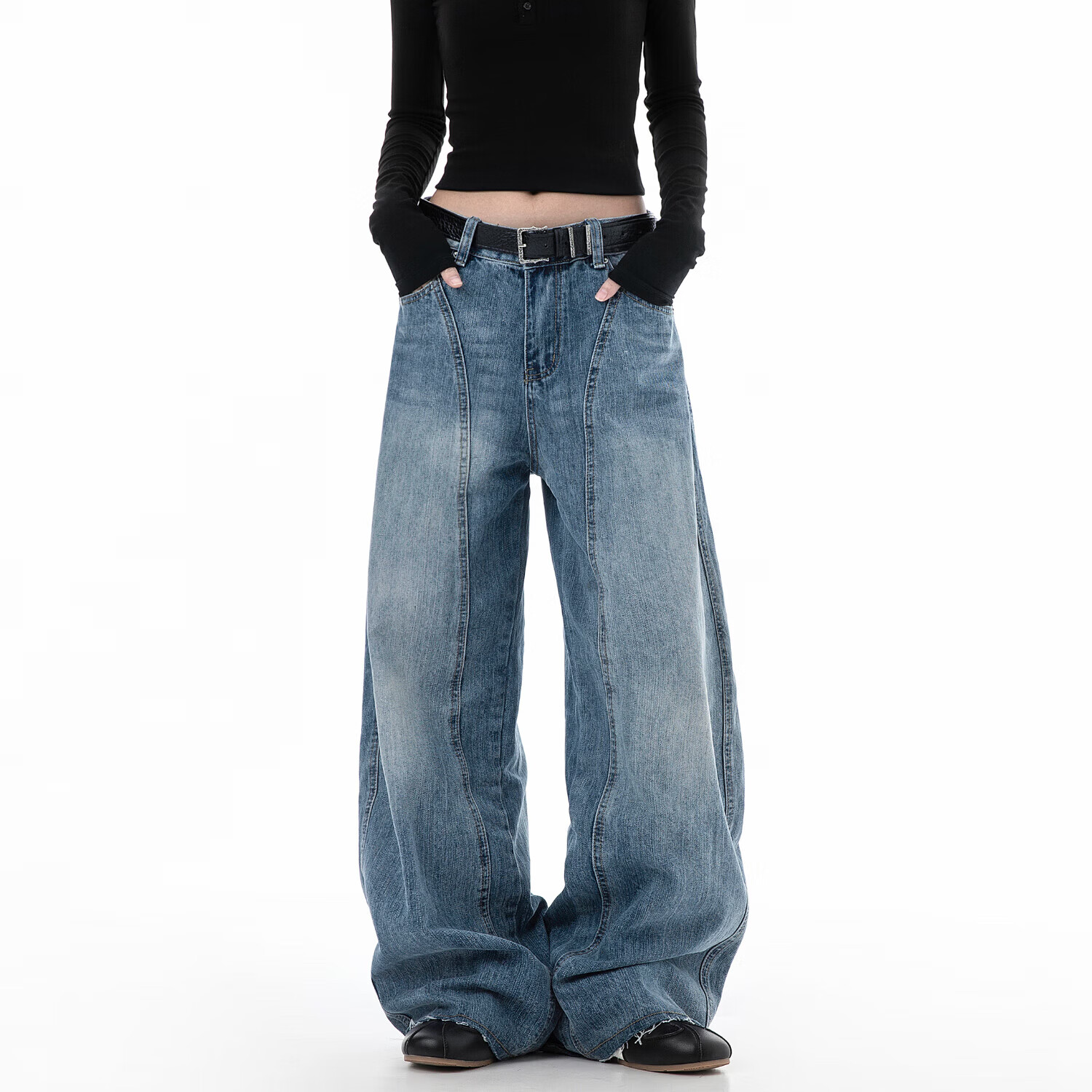 ICH MODE Women's American Vintage Washed Denim Jeans Spring Autumn Loose Straight Leg Curved Cut Casual Wide Leg Pants Blue XL