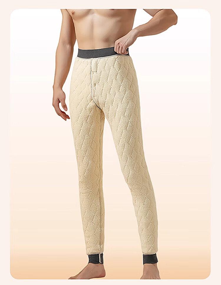 Langsha 100% Wool Men's Autumn Winter Fleece Lined Thickened Lamb Wool Thermal Pants High Waist Knee Protection Extra Thick Base Layer Pants Northeast Style 21