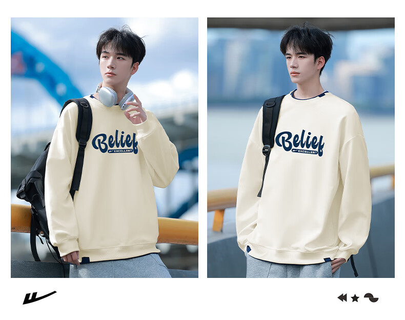 Huili Men's Sweatshirt, Autumn Letter Print Long-Sleeve T-Shirt, Loose-Fitting Undershirt, Casual Trendy Top for Men, Apricot Color, Size M 15