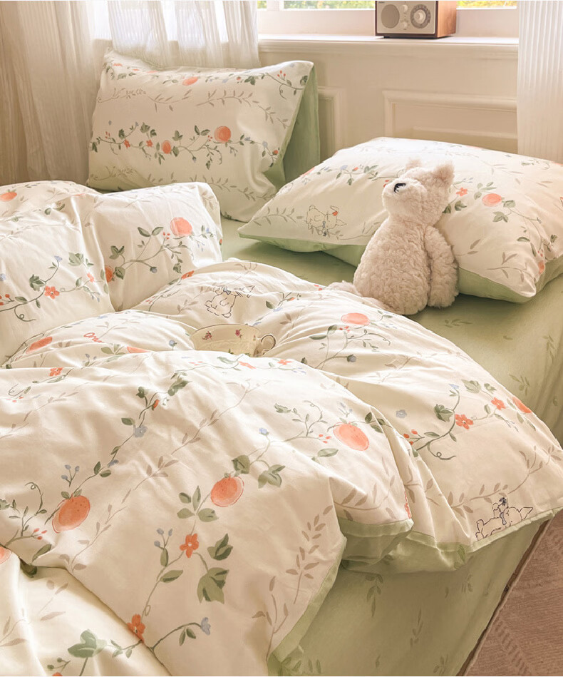 Hodo Pure Cotton 4-Piece Bedding Set 1.5/1.8m Double Bed Printed Cotton Duvet Cover Xinjiang Cotton Bed Sheet 200x230cm Qianxun Floral 8
