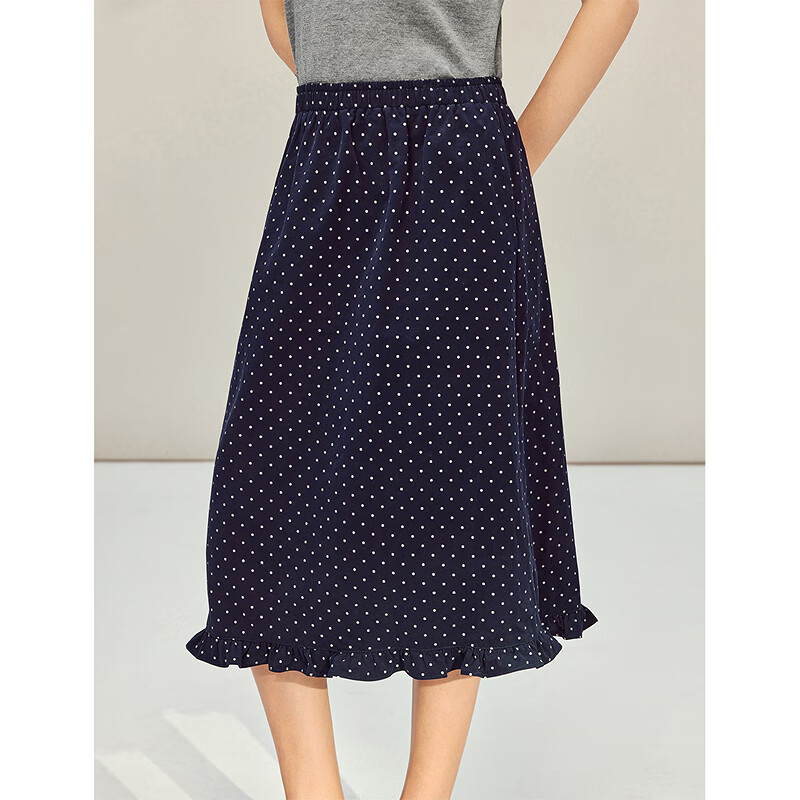 INMAN Vintage Polka Dot Ruffle Hem Cotton A-Line Skirt Blue White Dots L Spring 2026 Women's New