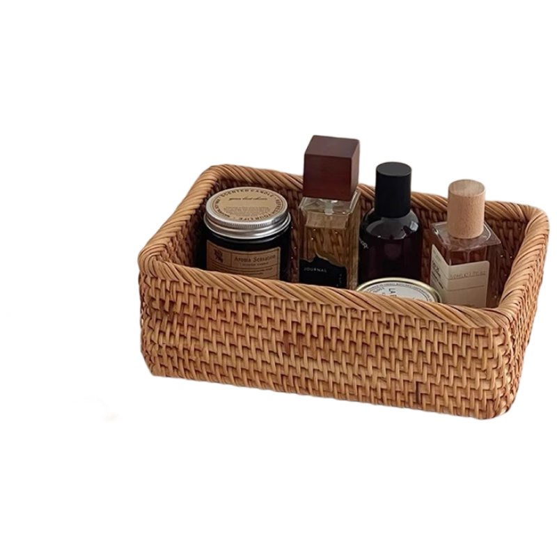 FANXIA Vintage Rattan Cosmetic Storage Box Desktop Organizer Basket Bathroom Counter Snack Storage Frame
