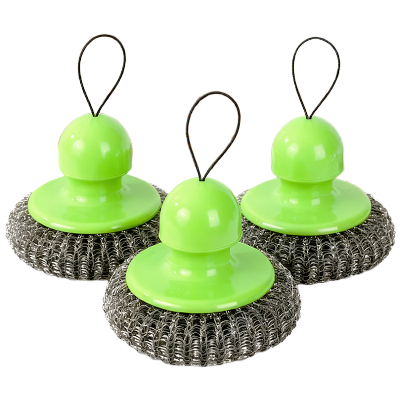 Fuaijia Metal Steel Wool Scrubber Dish Brush, Low Shedding Pot Brush Cleaning Ball Brush Pot Scrubber with Handle, Keeps Hands Clean, 3-Pack