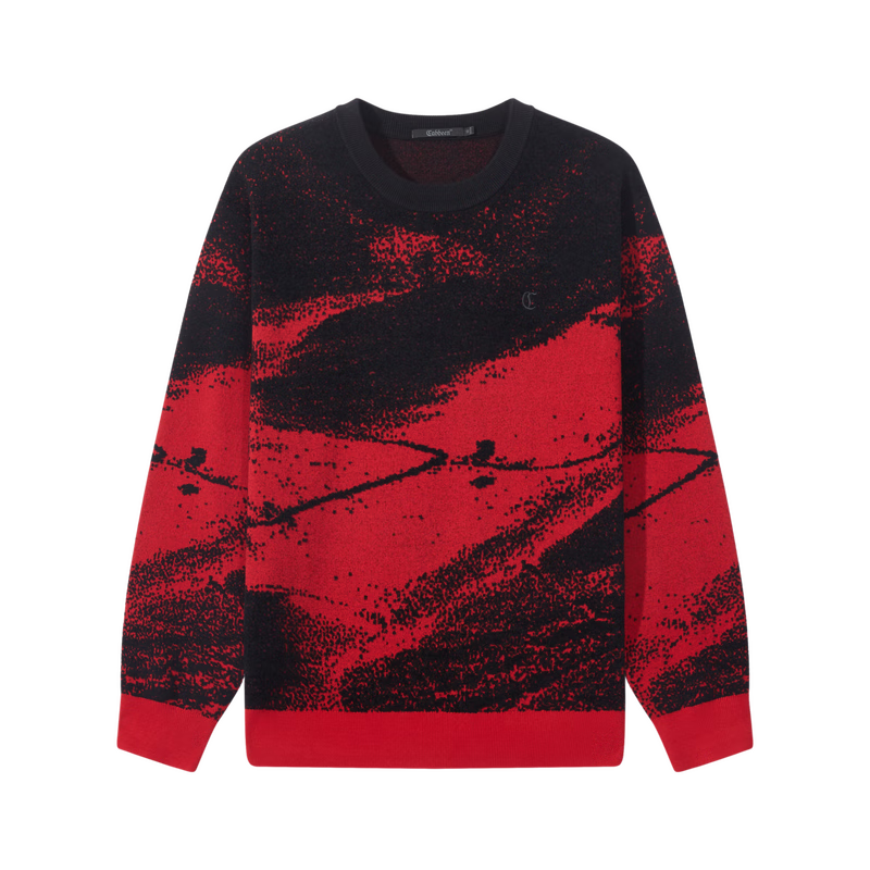 CABBEEN Ink Texture Jacquard Artistic Color-Block Knit Sweater Men 2026 Spring Soft Warm Long Sleeve Pullover