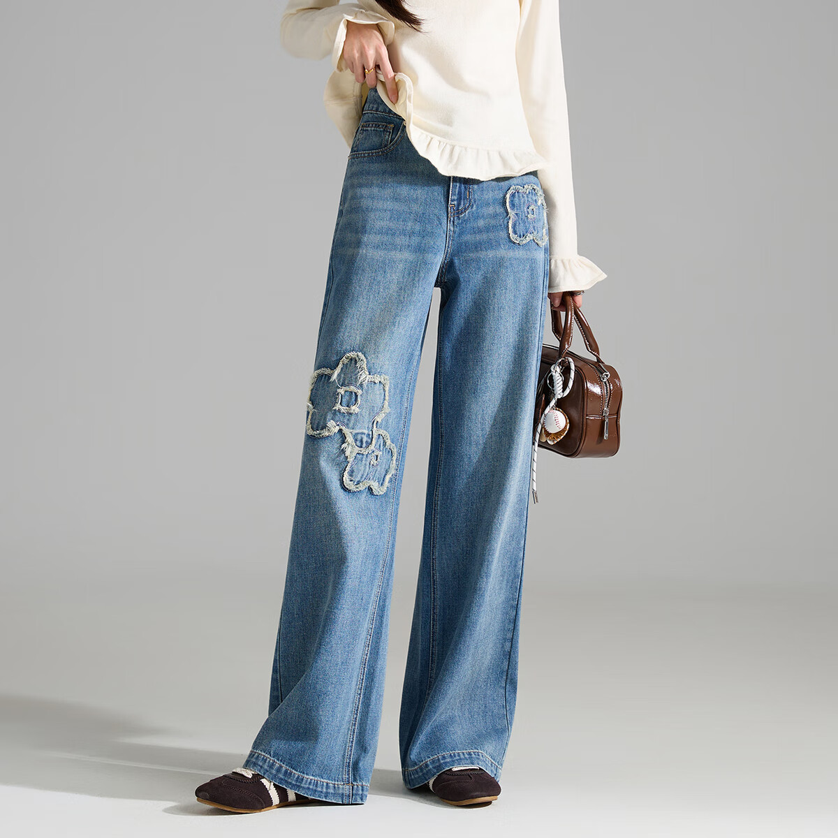 TonLion 2026 Spring Summer Women's Denim Pants Floral Tassel Design Straight Wide-Leg Trousers Fashion Versatile