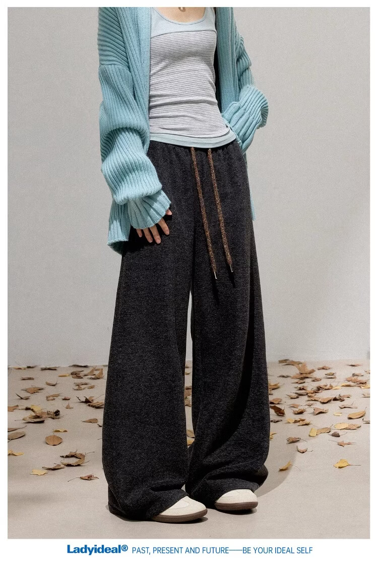 LADY IDEAL Brushed Casual Pants for Women 2025 Spring New Draped Straight Loose Wide-Leg Pants Black M 14