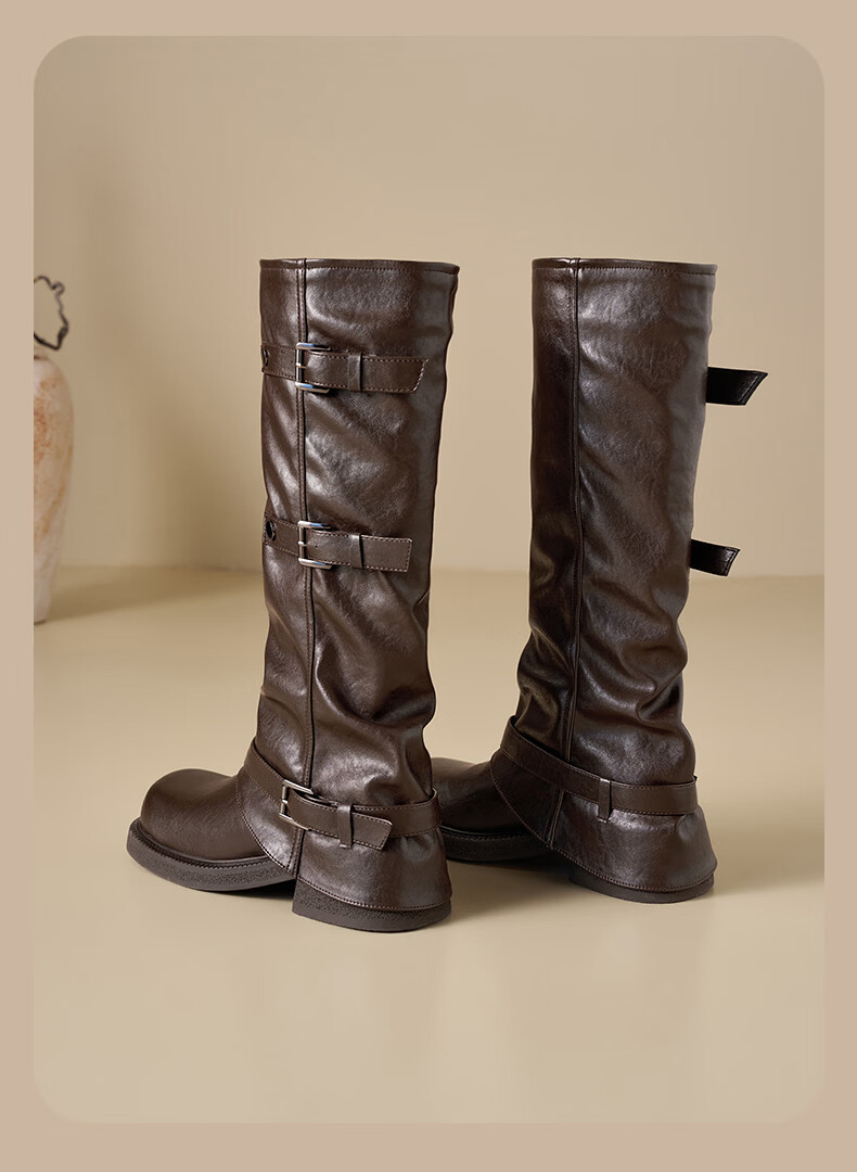 St&Sat Women's Fleece-Lined Tall Boots 2025 Winter New Fashion Belt Buckle Versatile Knight Boots Western Cowboy Mid-Calf Boots 1