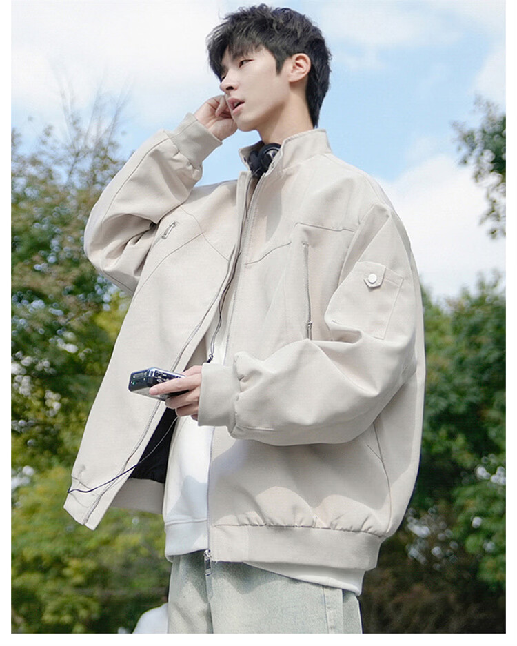 MARK FAIRWHALE Men's Jacket Spring and Autumn Flight Bomber Casual Baseball Coat Beige XL 1