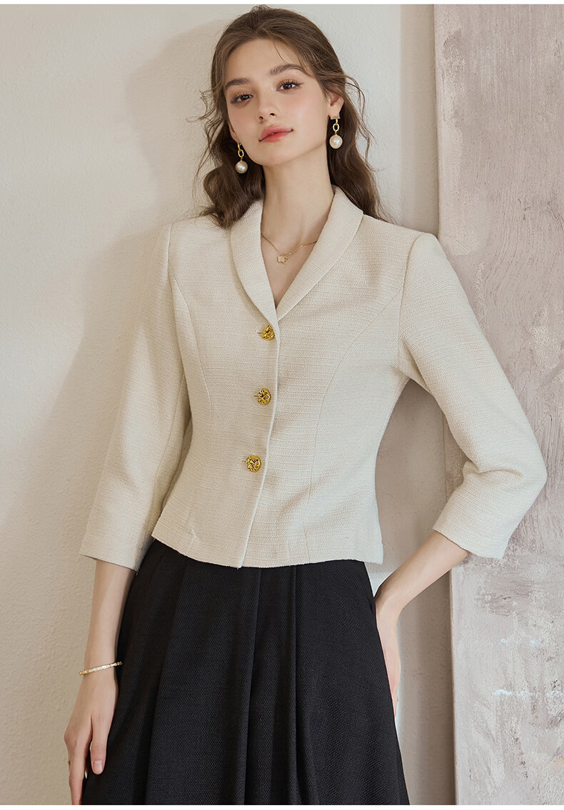 ROEYSHOUSE French Style Light Mature Tweed Short Jacket Women Spring Waist Slim Top 09445 Off-White S 17