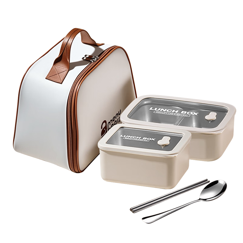 Ymer Stainless Steel Lunch Box Microwaveable Visible Glass Large Double Compartment + Small Size + Insulation Bag + Cutlery Set