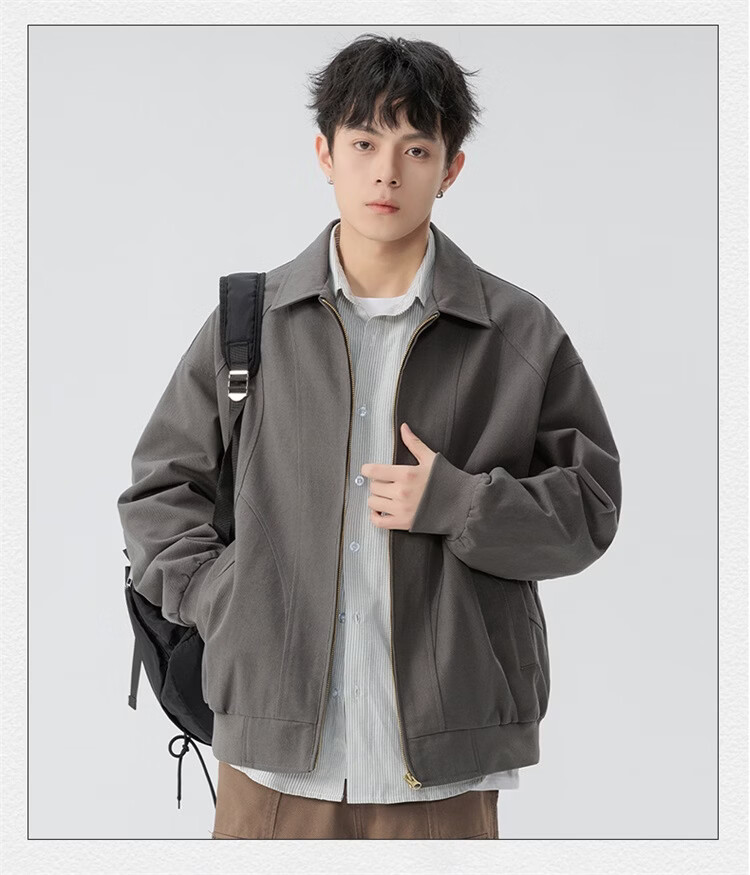 Foss Phil Men's Spring Autumn Casual American Style Loose Workwear Jacket with Turn-down Collar Gray 2XL 6768 14