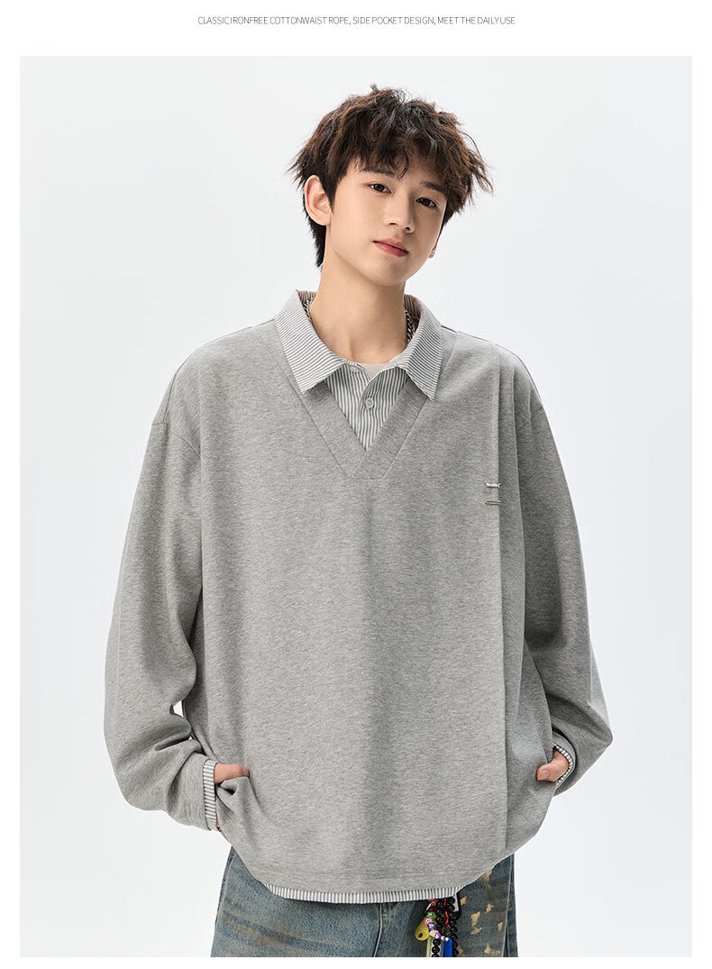 Foss Phil Men's Spring Autumn Colorblock Layered Collar Sweatshirt Casual Polo Shirt YWY1022 Glacier White XL 19
