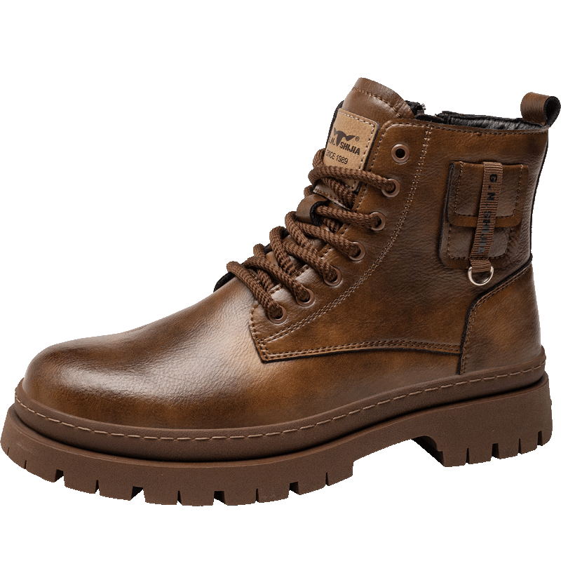 G.N.Shi Jia Men's Martin Boots, Genuine Leather, 2026 Autumn And Winter New Style, Fleece-Lined for Warmth, Thick-Soled Height-Increasing Work Boots, Red-Brown, Size 40