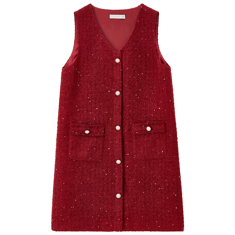 Shangdu Bila New Year Red Little Chanel Style V-Neck Sleeveless Dress Women Spring Autumn Straight Mid-Length Elegant Dress