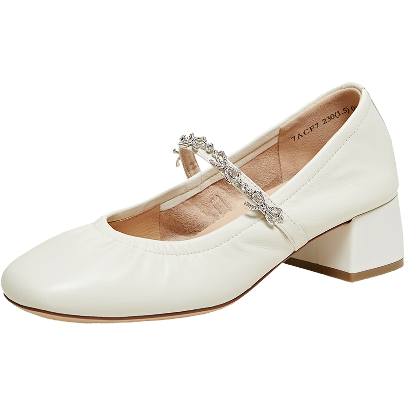 TATA Lu Yuxiao Sweetheart Retro Mary Jane Shoes Off-White Lambskin 4CM Heel Size 38