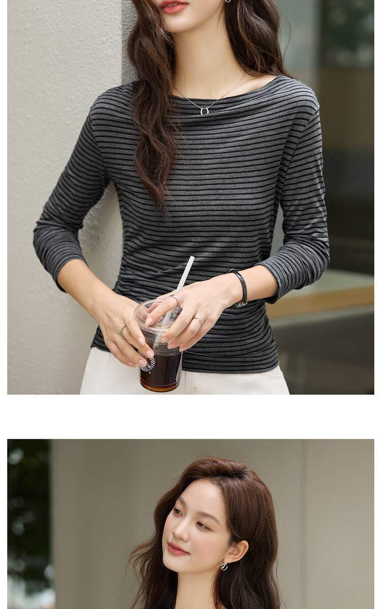 Vimly French Vintage Striped T-Shirt Women Autumn Winter Slim Fit Long Sleeve Top White Navy Stripes M 20
