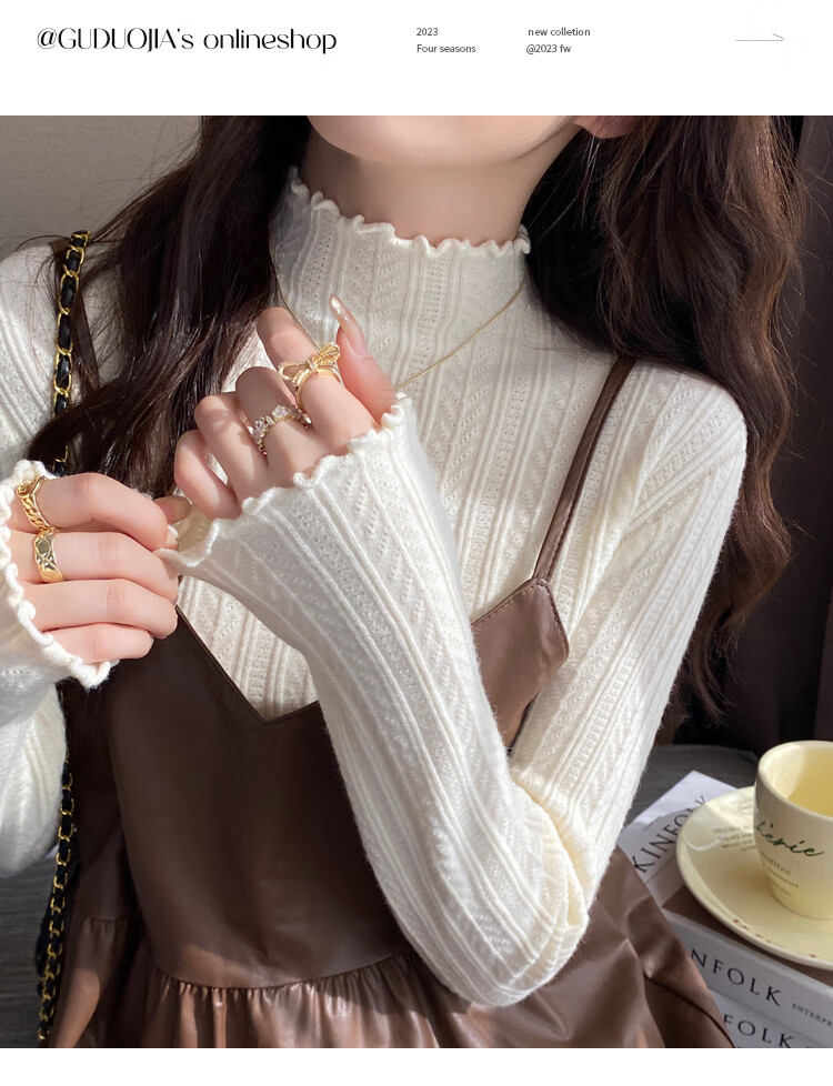 Caramella Women's 38 Goddess Festival Gift Semi-Turtleneck Ruffled Jacquard Long-Sleeve T-Shirt Spring Autumn 10