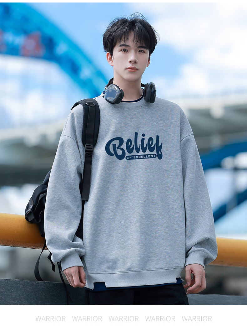 Huili Men's Sweatshirt, Autumn Letter Print Long-Sleeve T-Shirt, Loose-Fitting Undershirt, Casual Trendy Top for Men, Apricot Color, Size M 16