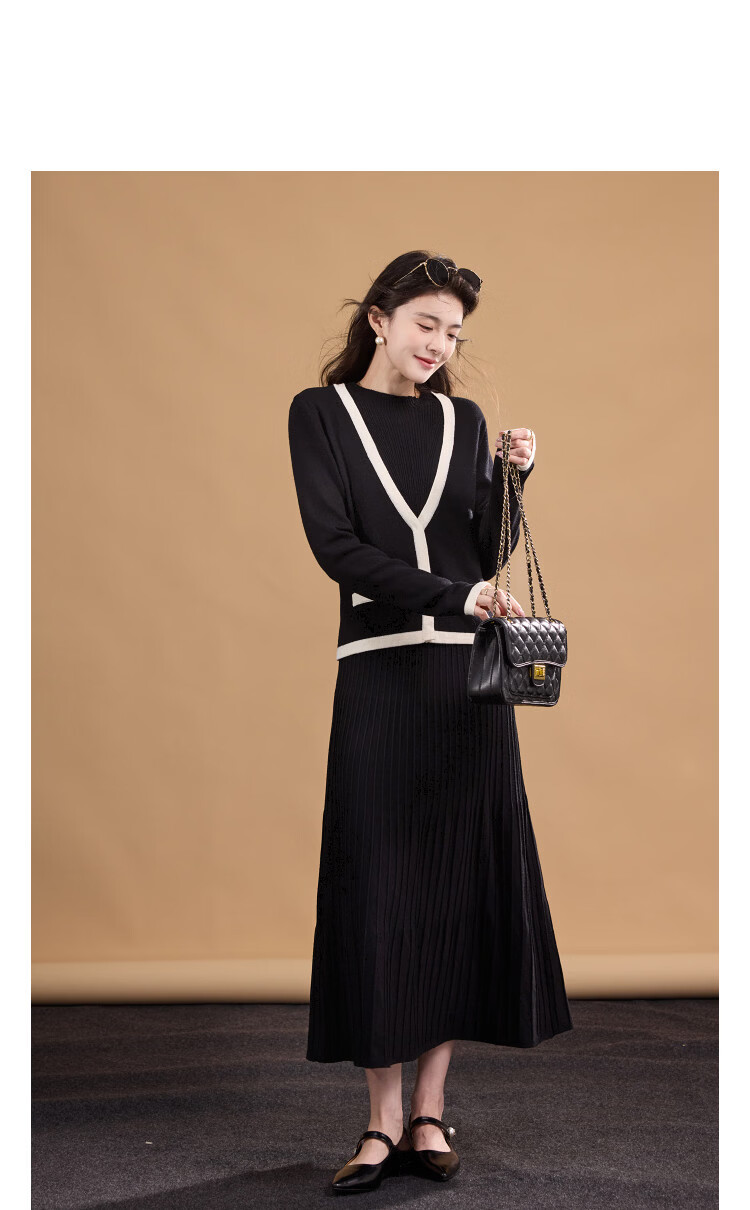 Demana [Fragrant Breeze] Winter Faux Two-Piece Color-Block Lambswool A-Line Knit Dress for Women Long Length 11