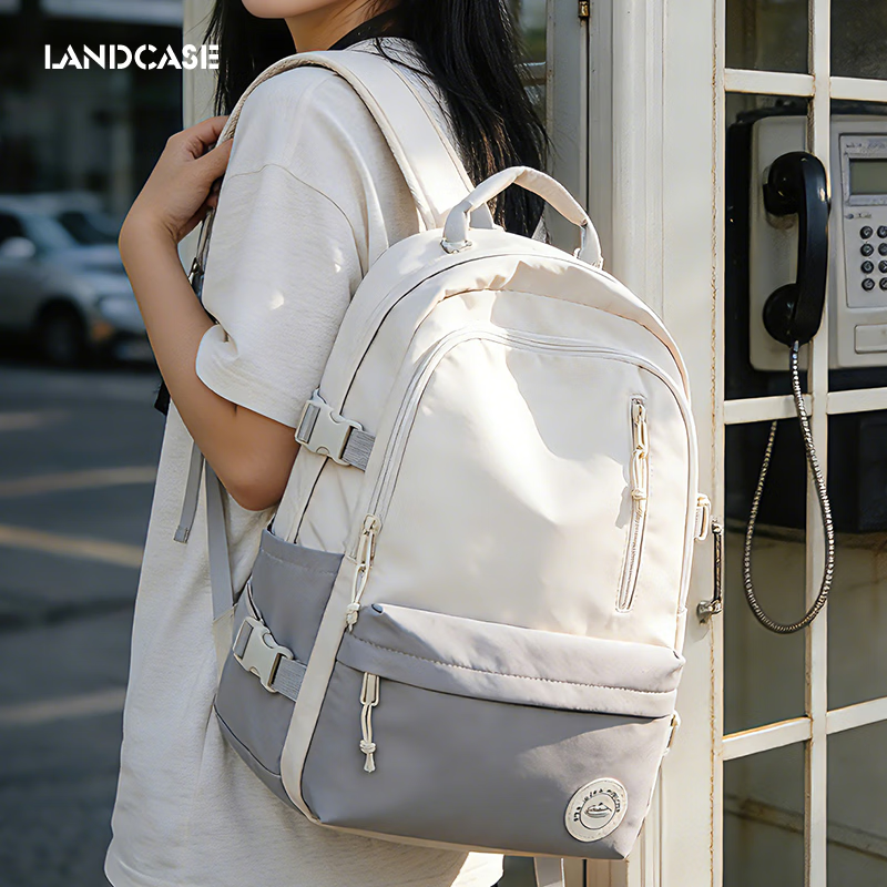 Landcase Korean Style Large Capacity School Backpack for Elementary, Middle, and High School Girls Campus Shoulder Bag 1608 Gray White